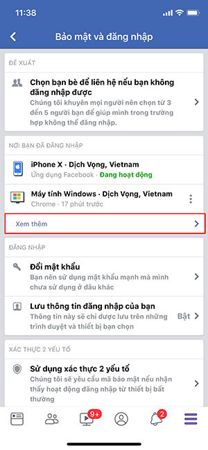Click vào xem thêm để theo dõi những thiết bị đăng nhập